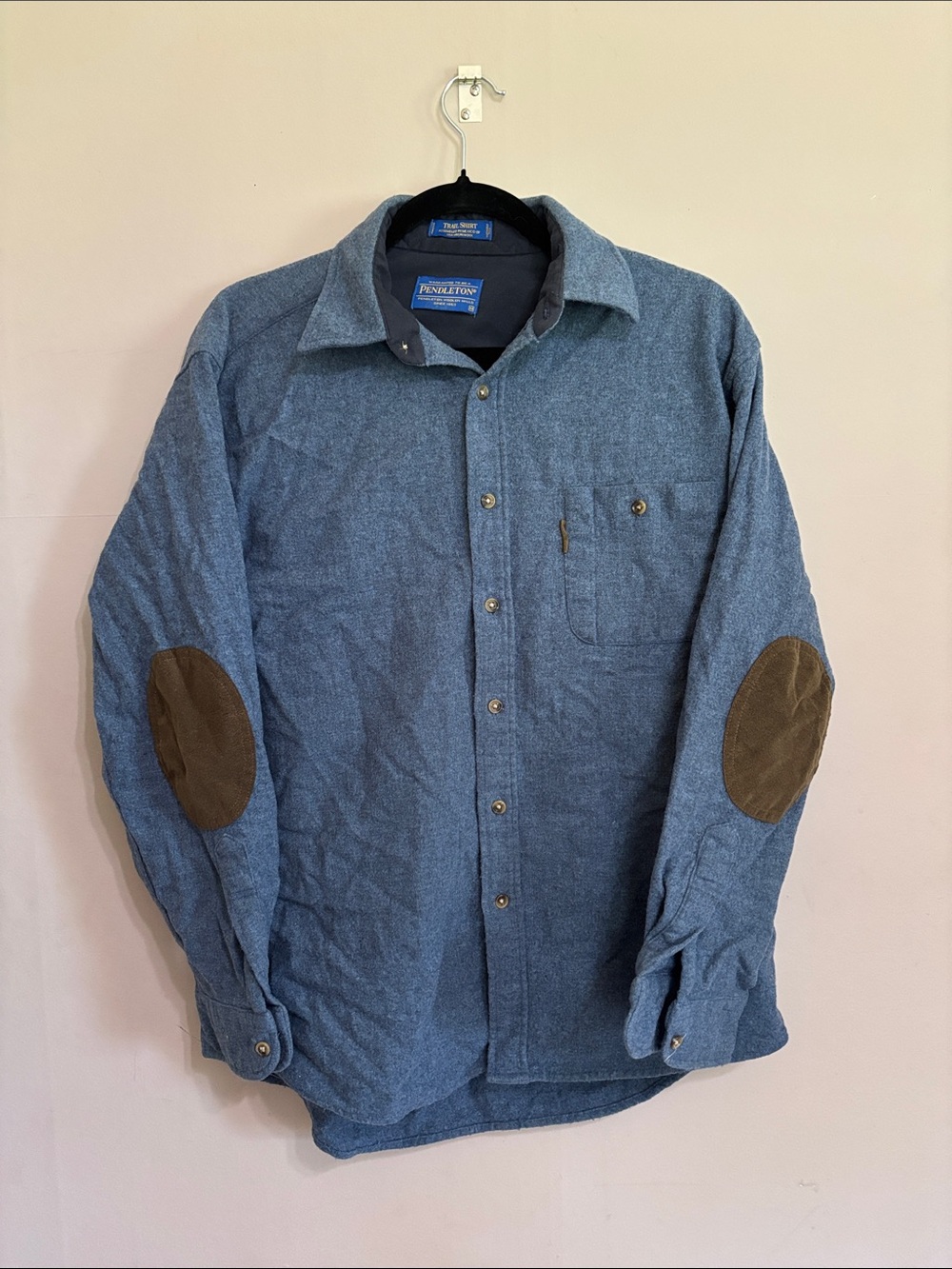 Vintage Wool Pendleton Blue Long-Sleeve Button-Up Shirt with Brown Elbow Patches